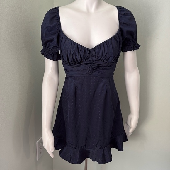 Lucy in the Sky Satin Fit and Flare Puff Sleeve Mini Dress Navy Tie Back XS - Picture 2 of 10